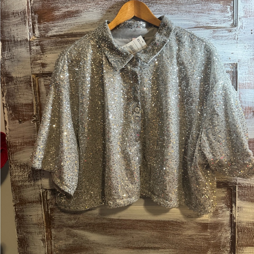 Love By Design Glittering Silver Button Down Shirt